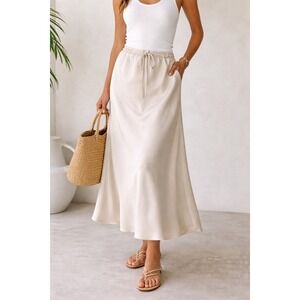 Minimalist Satin Drawstring Skirt Cream Resort Coastal Hamptons Capsule SZ M